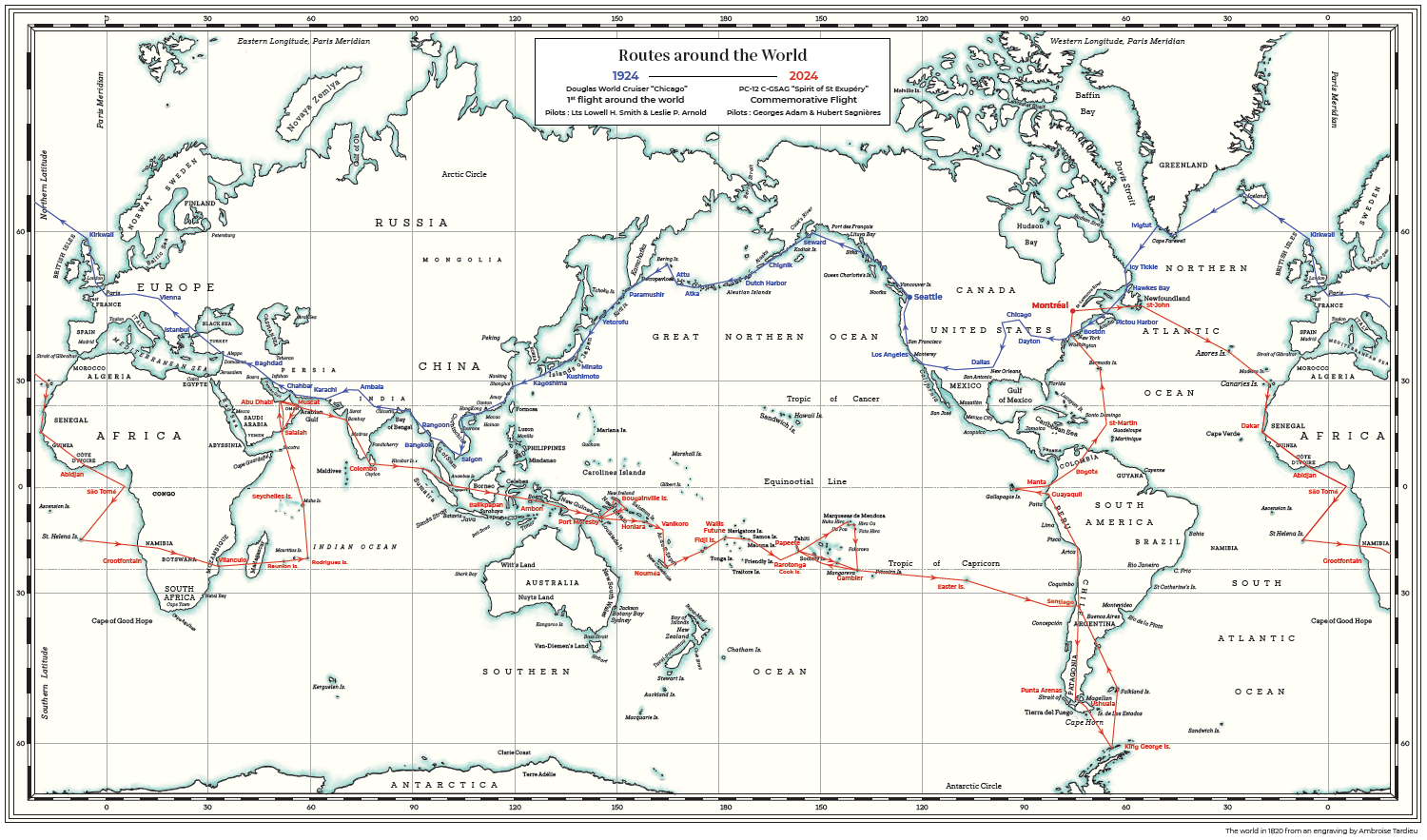 Routes around the world map