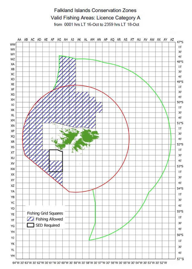 Falkland Islands Conservation Zones Valid Fishing Areas: Licence Category A from 0001 hrs LT 16-Oct to 2359 hrs LT 18-Oct