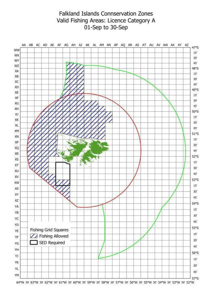 Falkland Islands Connservation Zones Valid Fishing Areas: Licence Category A 01-Sep to 30-Sep