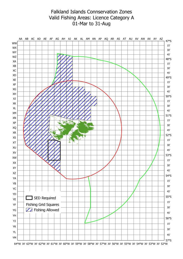 Falkland Islands Connservation Zones Valid Fishing Areas: Licence Category A 01-Mar to 31-Aug