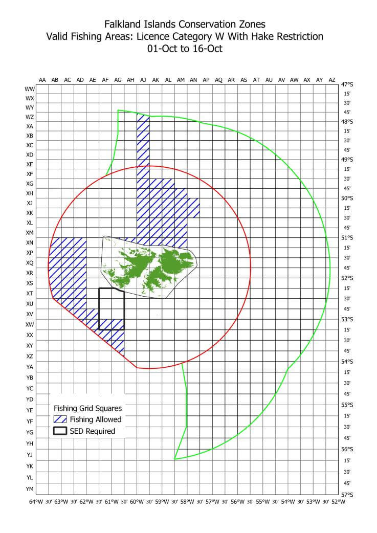 Falkland Islands Conservation Zones Valid Fishing Areas: Licence Category W With Hake Restriction 01-Oct to 16-0ct