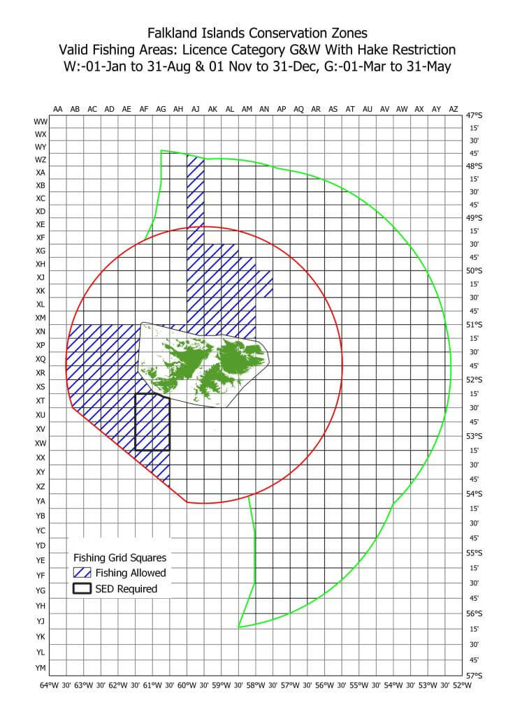 Falkland Islands Conservation Zones Valid Fishing Areas: Licence Category G&W With Hake Restriction W:-01-Jan to 31-Aug & 01 Nov to 31-Dec, G:-01-Mar to 31-May
